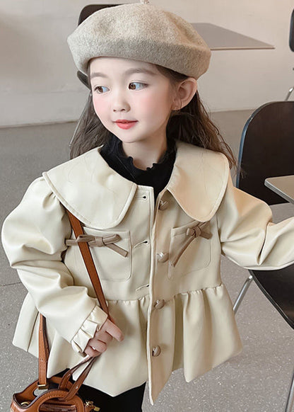 Lovely Khaki Peter Pan Collar Wrinkled Button Kids Trench Coats Fall QV030