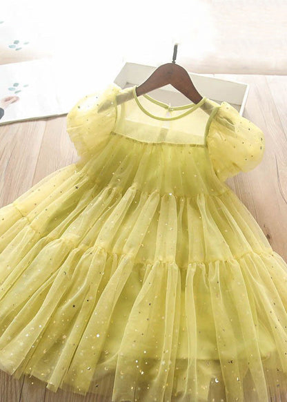 Lovely Light Green O-Neck Sequins Tulle Kids Long Dress Short Sleeve EW010