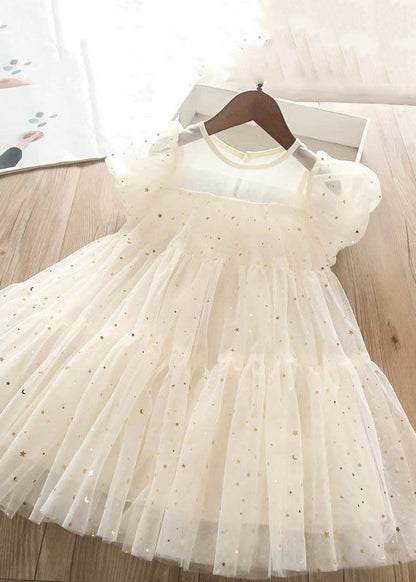 Lovely Light Green O-Neck Sequins Tulle Kids Long Dress Short Sleeve EW010