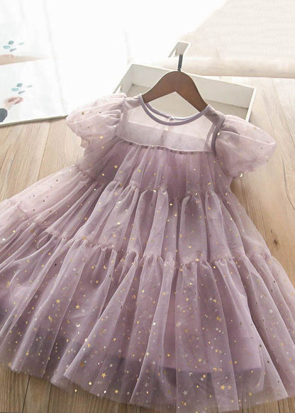 Lovely Light Green O-Neck Sequins Tulle Kids Long Dress Short Sleeve EW010