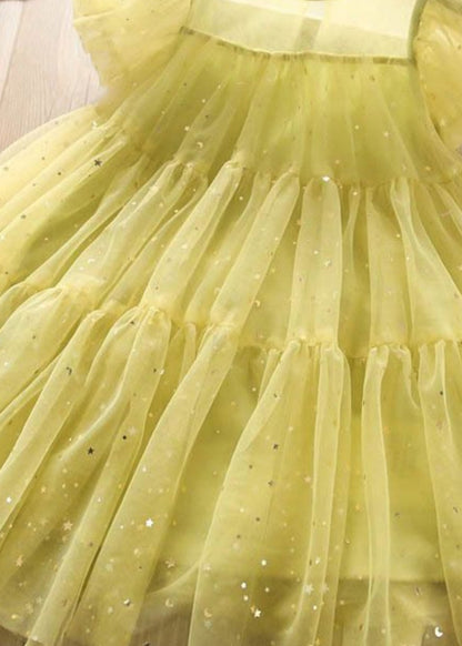 Lovely Light Green O-Neck Sequins Tulle Kids Long Dress Short Sleeve EW010