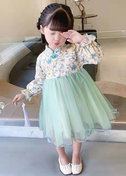 Lovely Light Green Stand Collar Tulle Patchwork Girls Dress Long Sleeve XZ082