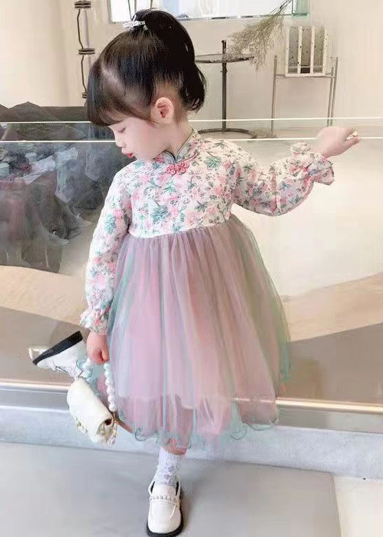 Lovely Light Green Stand Collar Tulle Patchwork Girls Dress Long Sleeve XZ082