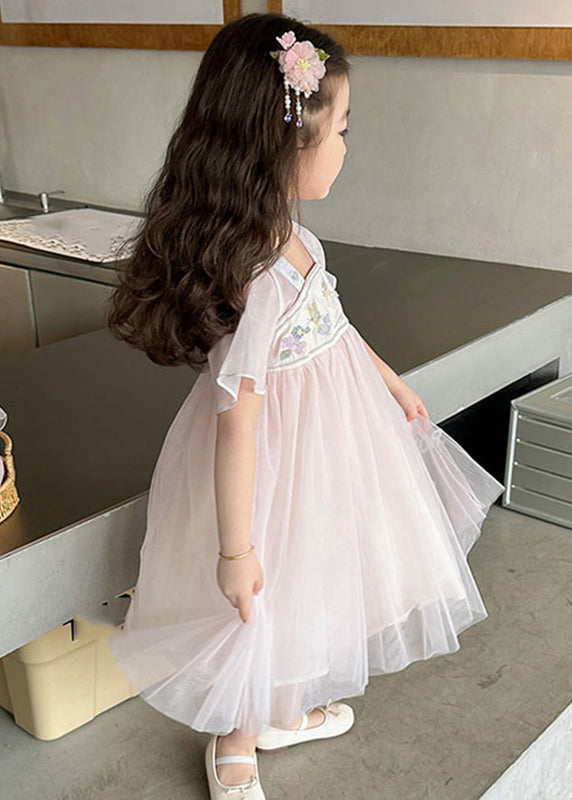 Jolie robe longue rose clair à col carré en tulle brodé pour enfants, été MN011