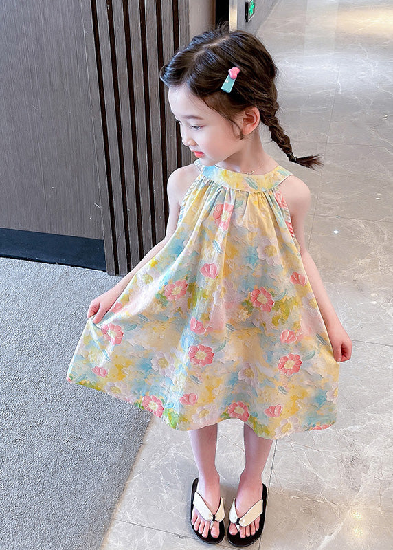 Lovely O-Neck Print Cotton Girls Slip Mid Dress Sleeveless GF024