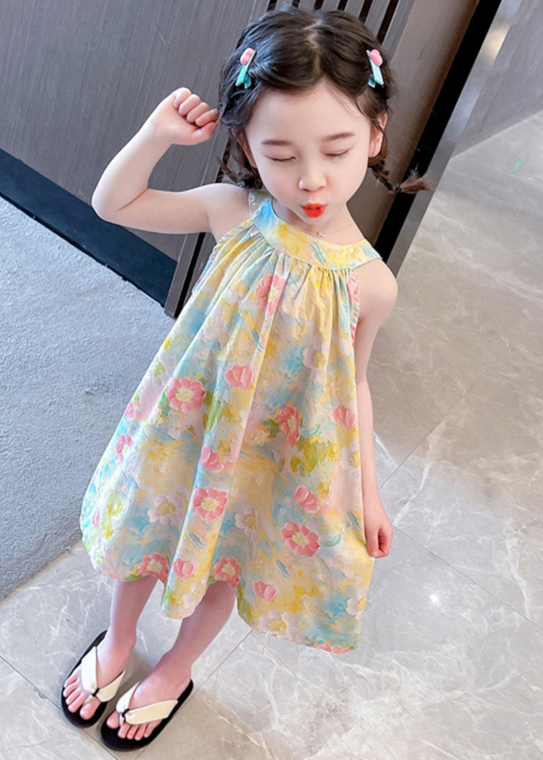 Lovely O-Neck Print Cotton Girls Slip Mid Dress Sleeveless GF024