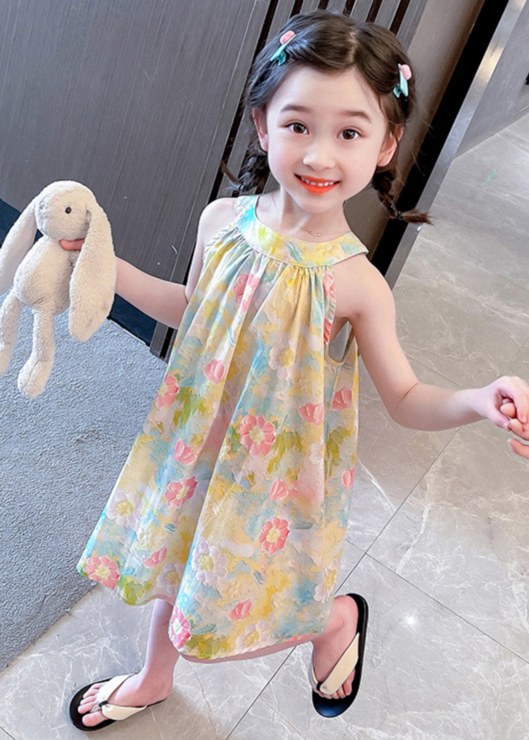 Lovely O-Neck Print Cotton Girls Slip Mid Dress Sleeveless GF024