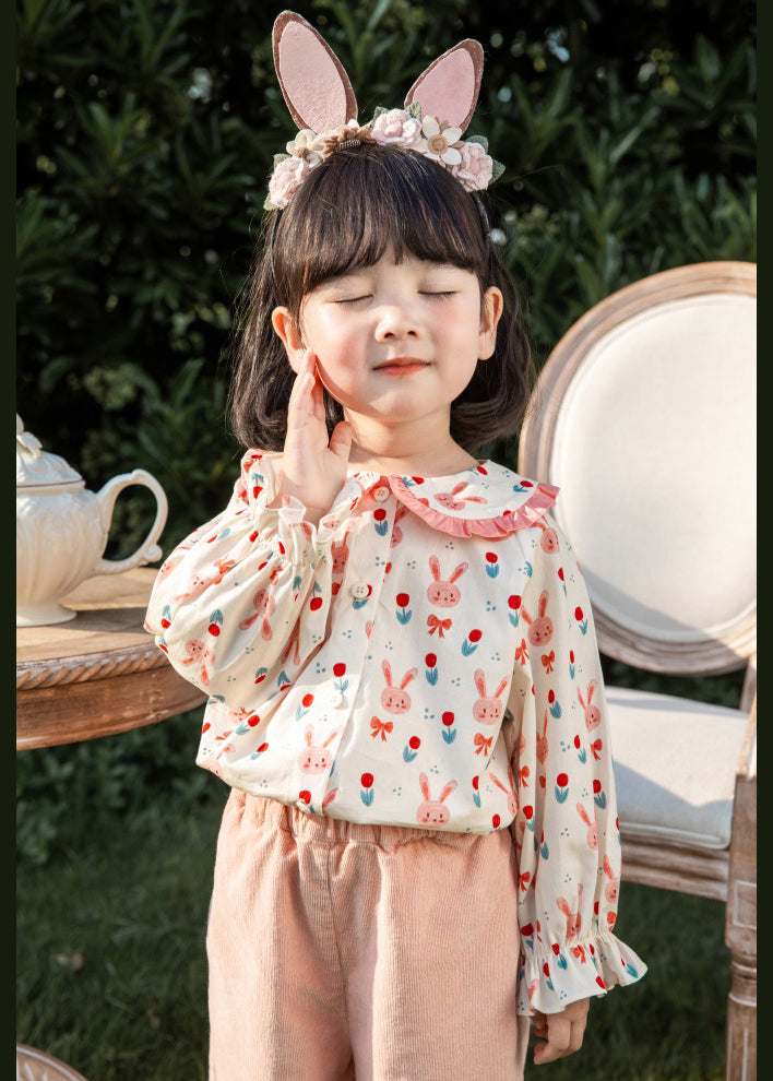 Lovely Pink Button Print Cotton Girls Blouses Long Sleeve YU1059