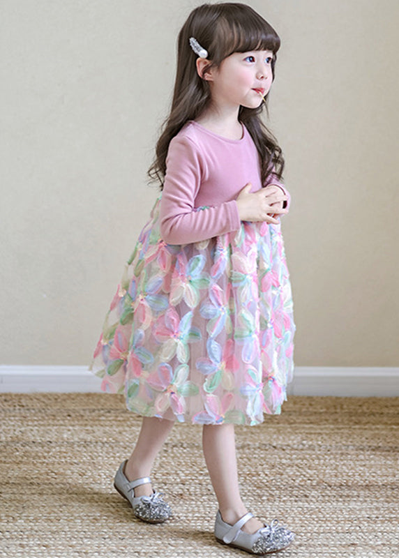 Jolies robes longues roses en tulle à col rond pour filles, printemps TV033