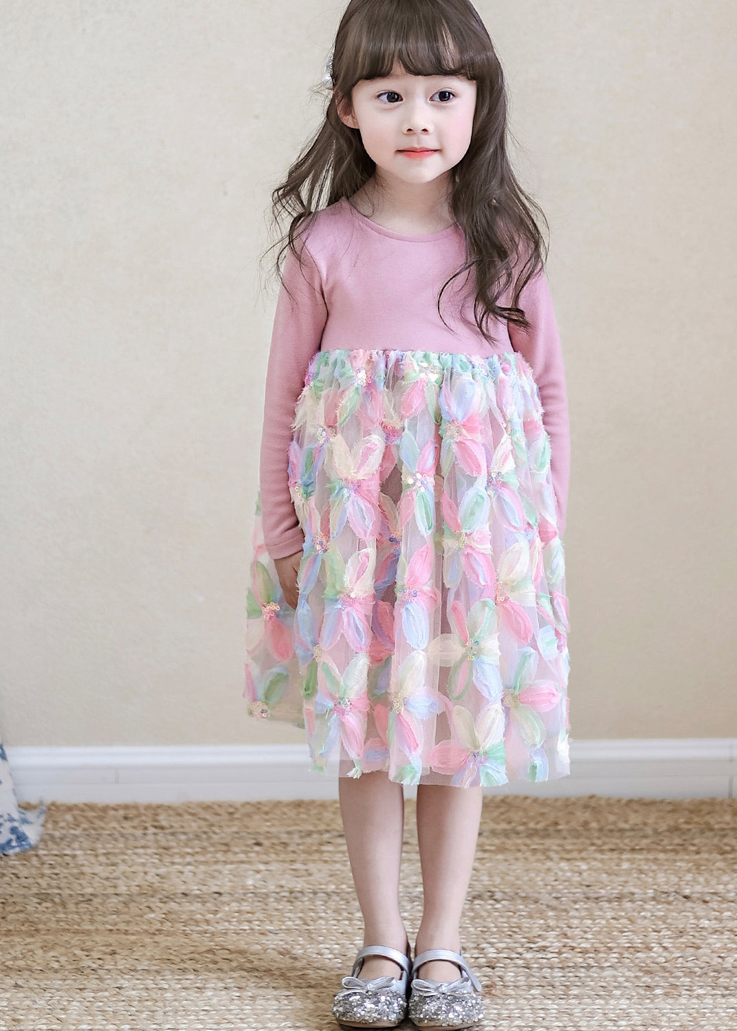 Jolies robes longues roses en tulle à col rond pour filles, printemps TV033