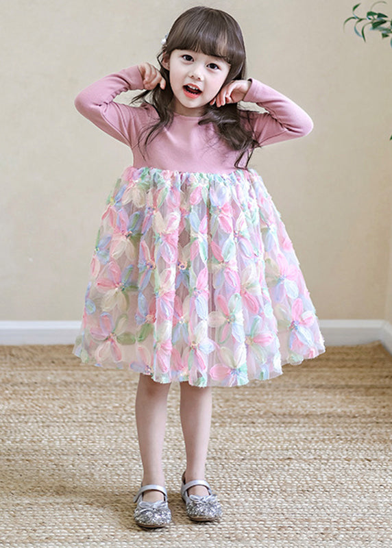 Jolies robes longues roses en tulle à col rond pour filles, printemps TV033