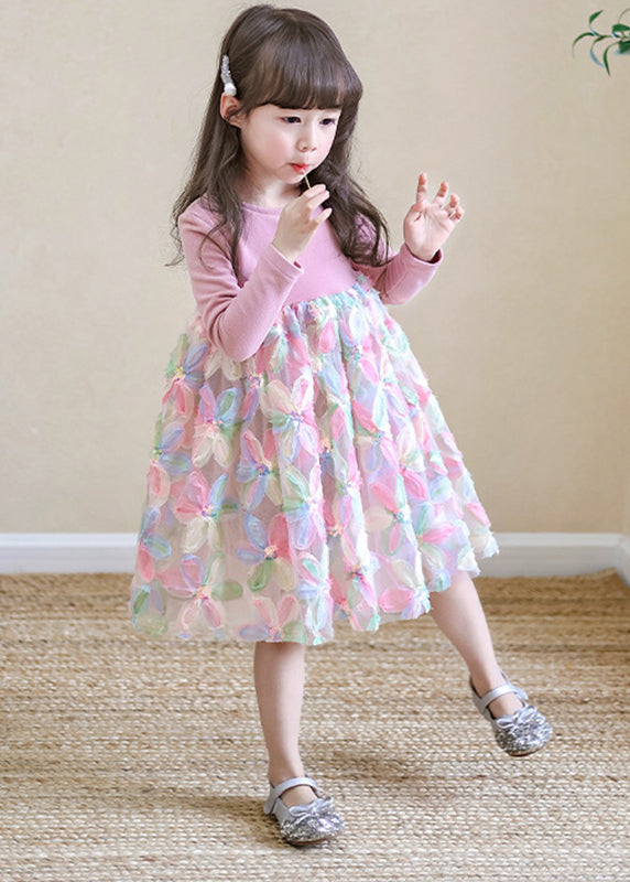 Jolies robes longues roses en tulle à col rond pour filles, printemps TV033