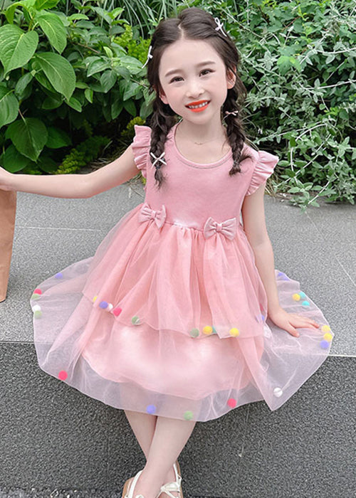 Jolie robe d'été en tulle rose à col rond et patchwork pour fille TT042