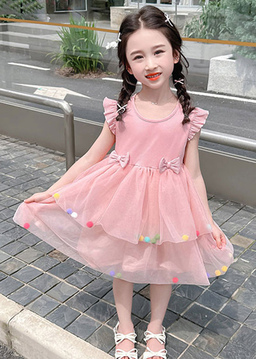 Jolie robe d'été en tulle rose à col rond et patchwork pour fille TT042