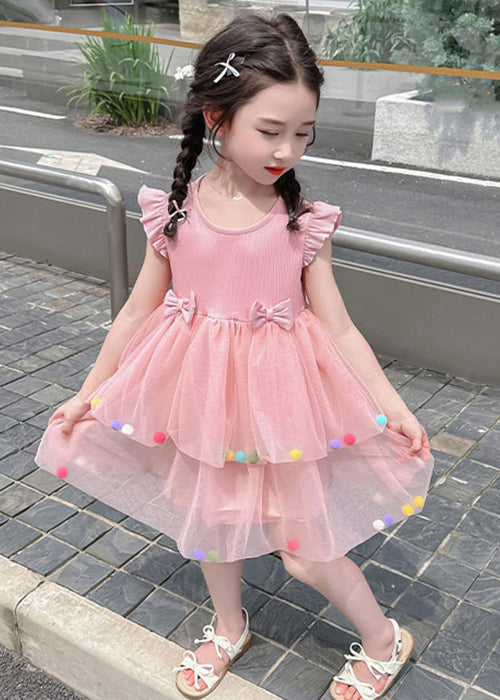 Jolie robe d'été en tulle rose à col rond et patchwork pour fille TT042