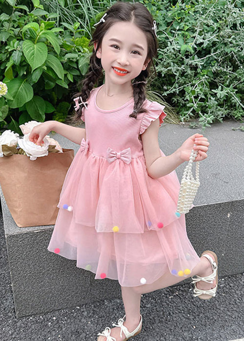 Jolie robe d'été en tulle rose à col rond et patchwork pour fille TT042