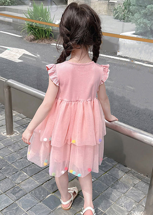 Jolie robe d'été en tulle rose à col rond et patchwork pour fille TT042