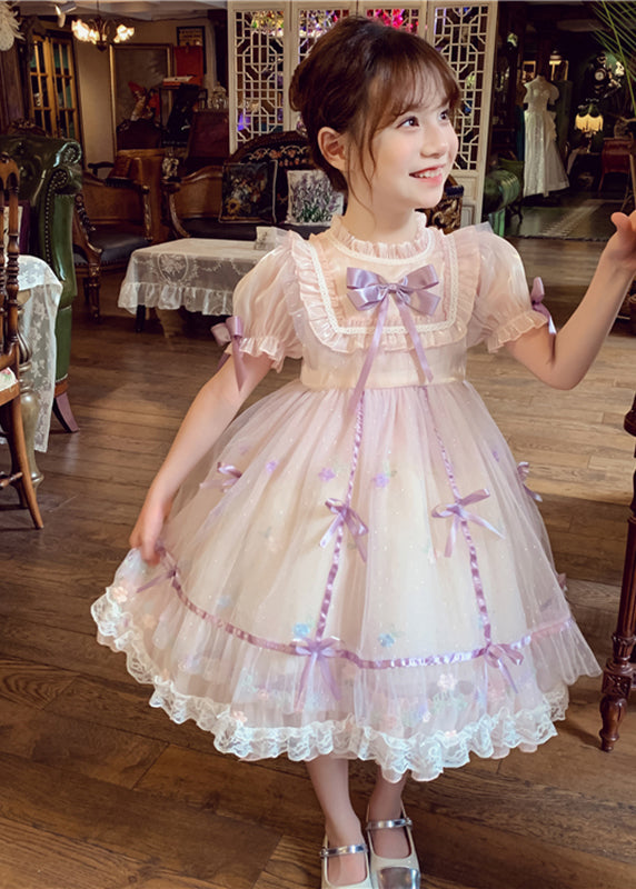 Jolie robe mi-longue en tulle à nœud froissé en patchwork rose pour enfants à manches courtes XZ001