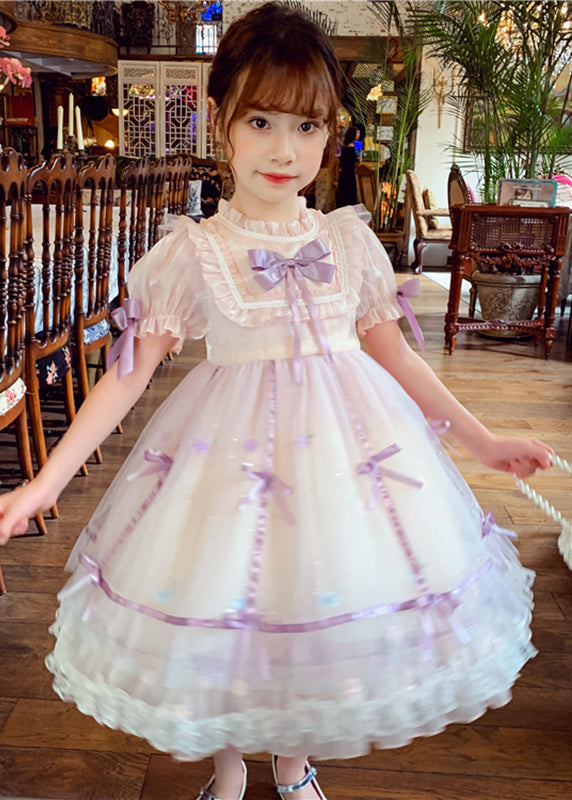 Jolie robe mi-longue en tulle à nœud froissé en patchwork rose pour enfants à manches courtes XZ001