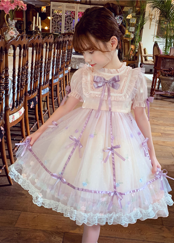 Jolie robe mi-longue en tulle à nœud froissé en patchwork rose pour enfants à manches courtes XZ001