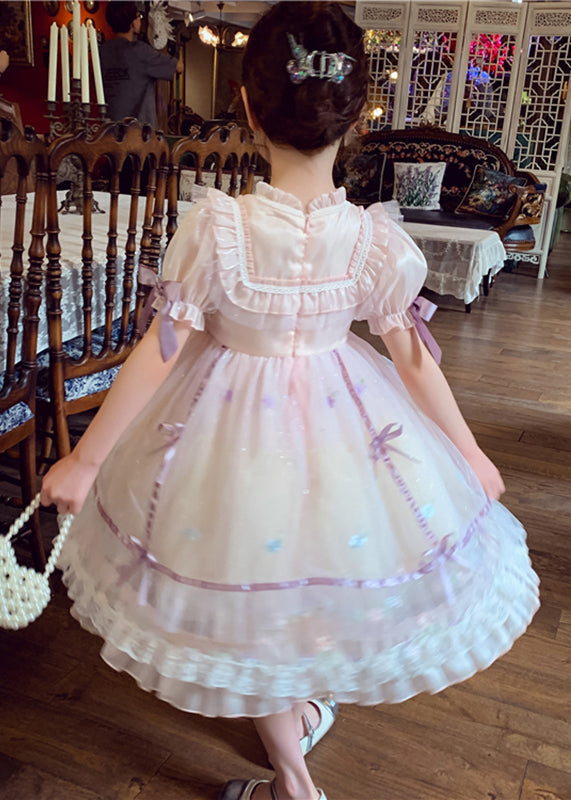 Jolie robe mi-longue en tulle à nœud froissé en patchwork rose pour enfants à manches courtes XZ001