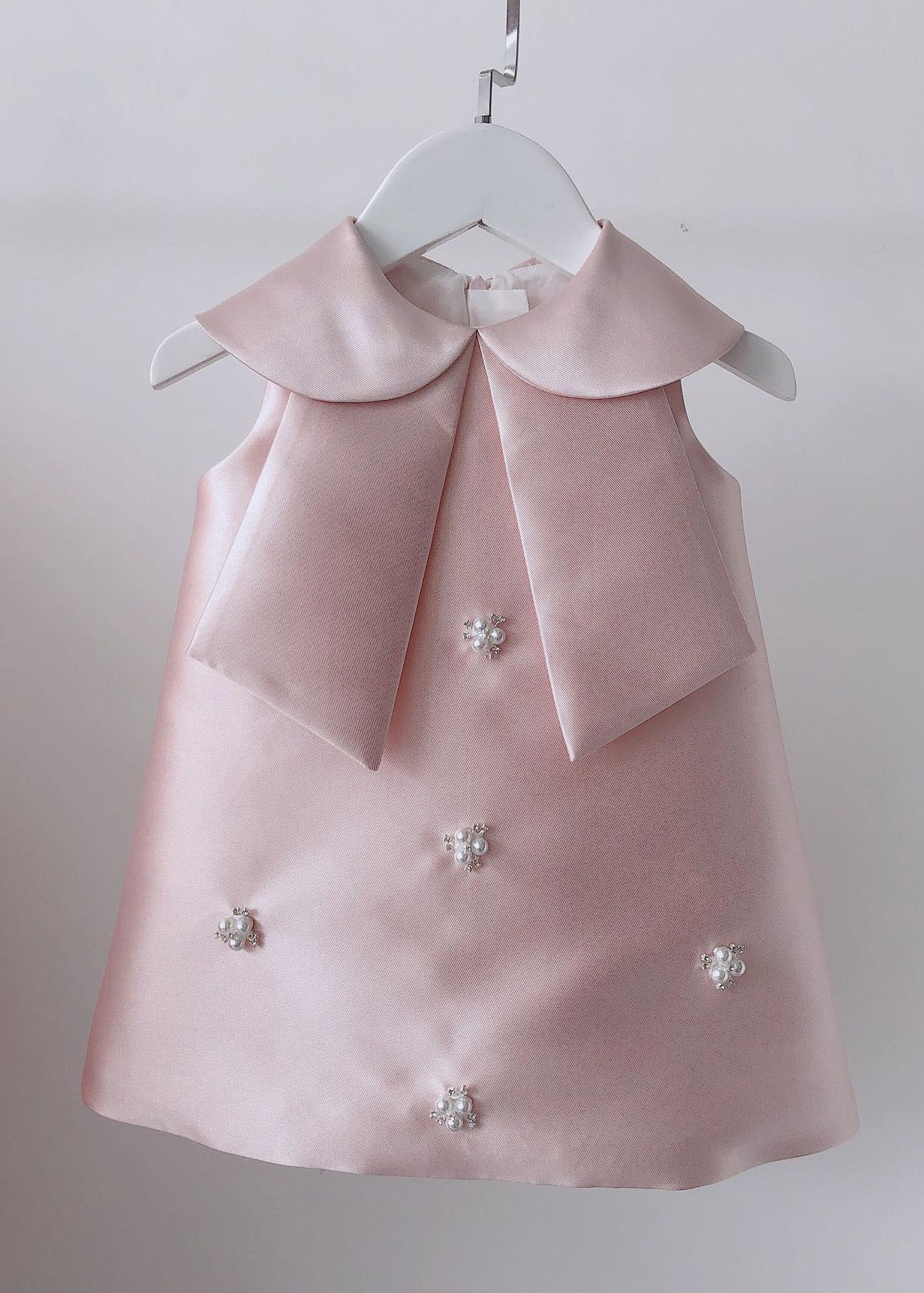 Schönes rosa Peter Pan Kragen Schleife Perle Zirkon Kinder Maxi Kleid ärmellos YS032