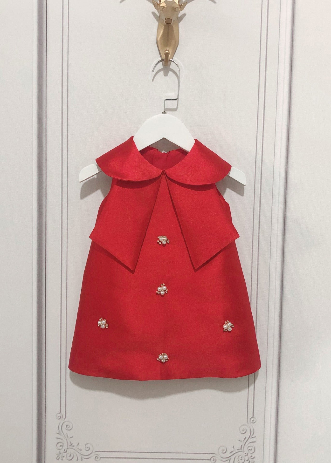 Schönes rosa Peter Pan Kragen Schleife Perle Zirkon Kinder Maxi Kleid ärmellos YS032