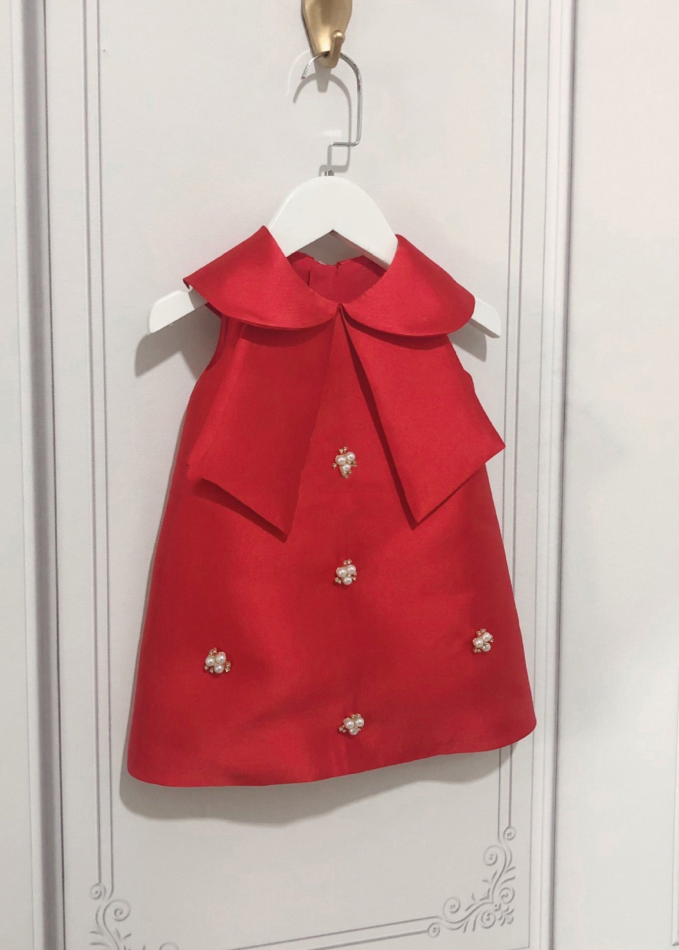 Schönes rosa Peter Pan Kragen Schleife Perle Zirkon Kinder Maxi Kleid ärmellos YS032
