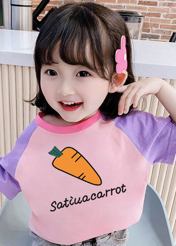 Lovely Pink Purple O-Neck Graphic Print Kids Tops Summer YU1062