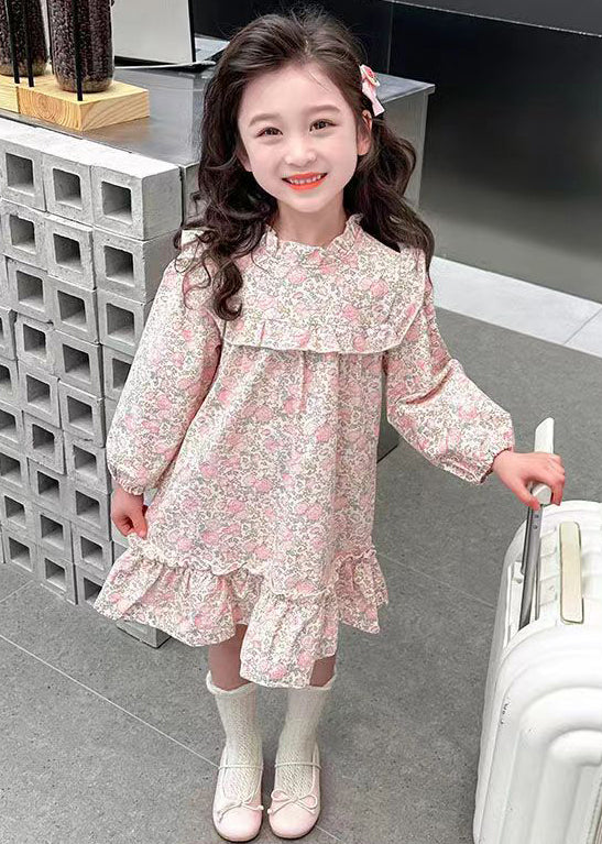 Jolie robe longue en coton imprimé à volants rose pour fille Automne XZ085