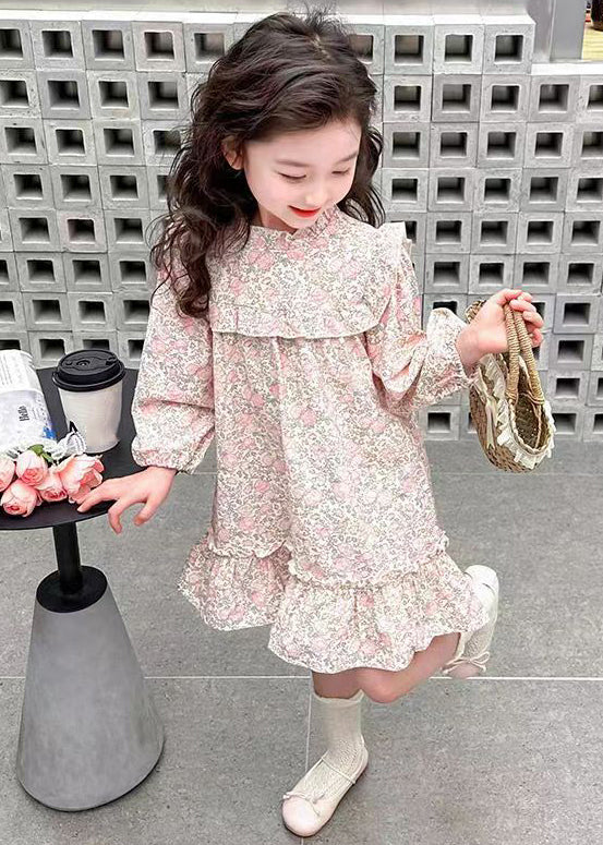 Jolie robe longue en coton imprimé à volants rose pour fille Automne XZ085