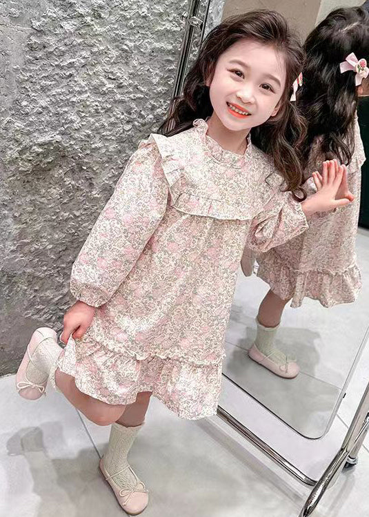 Jolie robe longue en coton imprimé à volants rose pour fille Automne XZ085