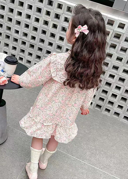 Jolie robe longue en coton imprimé à volants rose pour fille Automne XZ085