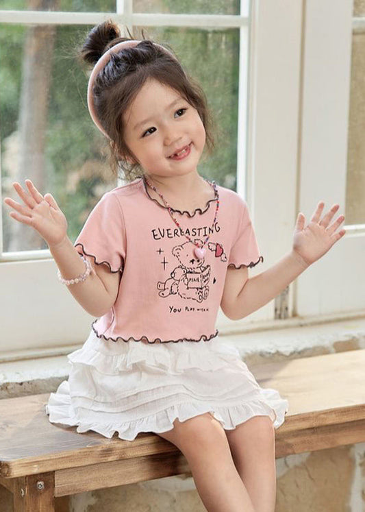 Lovely Pink Ruffled Print Girls Top Summer SS1025