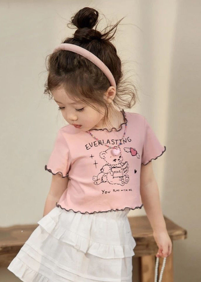 Lovely Pink Ruffled Print Girls Top Summer SS1025