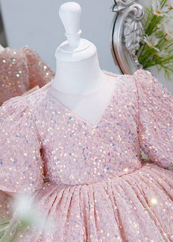 Lovely Pink Sequins Tulle Girls Long Dress Lantern Sleeve YS024