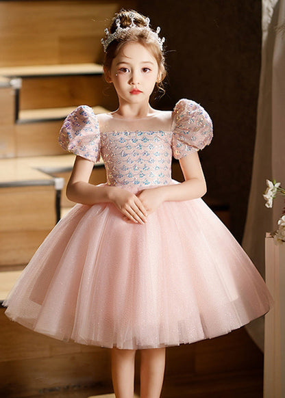 Lovely Pink Square Collar Patchwork Tulle Kids Long Dresses Short Sleeve QV016