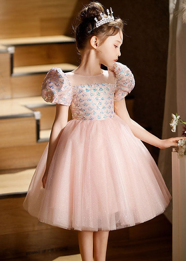 Lovely Pink Square Collar Patchwork Tulle Kids Long Dresses Short Sleeve QV016