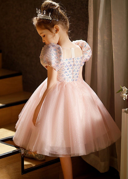 Lovely Pink Square Collar Patchwork Tulle Kids Long Dresses Short Sleeve QV016