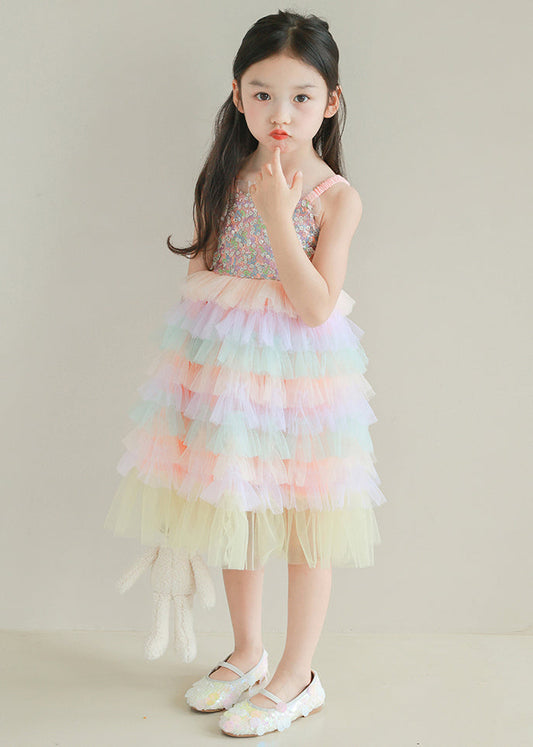 Lovely Rainbow Sequins Tulle Patchwork Girls Spaghetti Strap Dress Sleeveless TT024