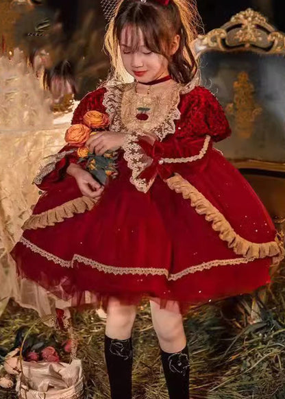 Lovely Red O-Neck Tulle Lace Patchwork Girls Mid Dresses Winter RP041