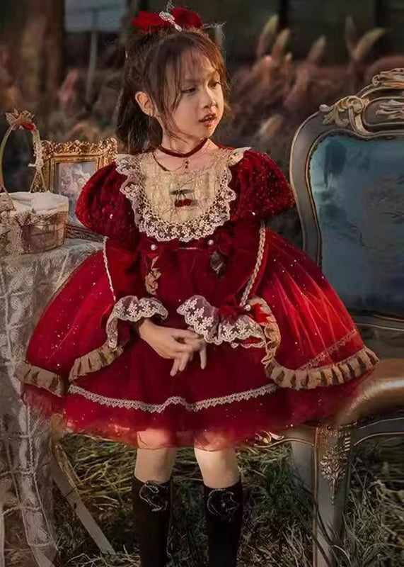 Lovely Red O-Neck Tulle Lace Patchwork Girls Mid Dresses Winter RP041