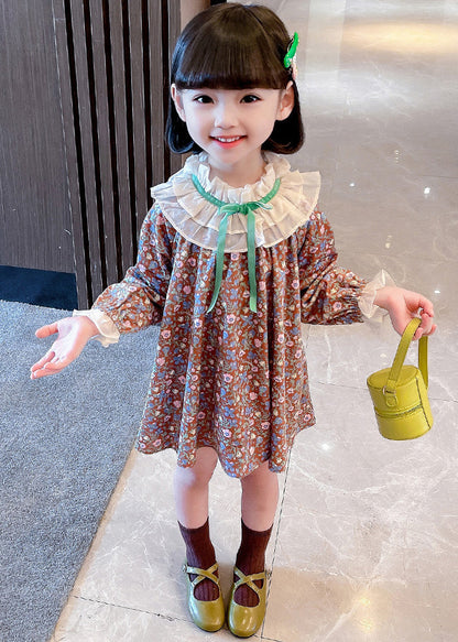 Lovely Ruffled Print Cotton Girls Mid Dress Long Sleeve XZ053