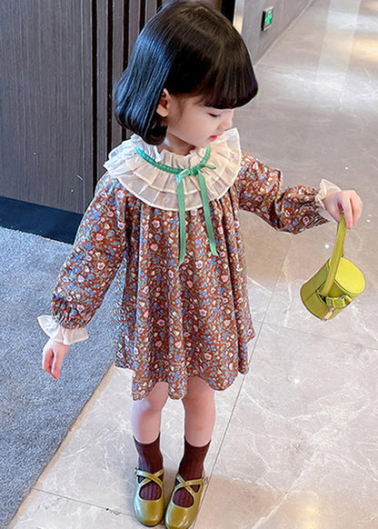 Lovely Ruffled Print Cotton Girls Mid Dress Long Sleeve XZ053