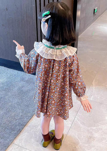 Lovely Ruffled Print Cotton Girls Mid Dress Long Sleeve XZ053