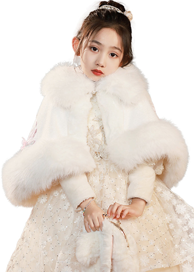 Lovely White Button Fur Collar Girls Fuzzy Fur Cloak Winter WL015