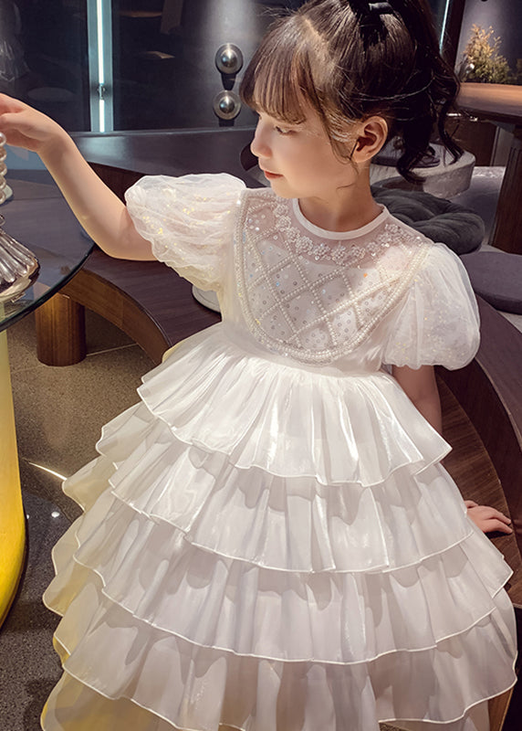 Lovely White Patchwork Sequins Tulle Kids Long Cake Dresses Summer XZ033