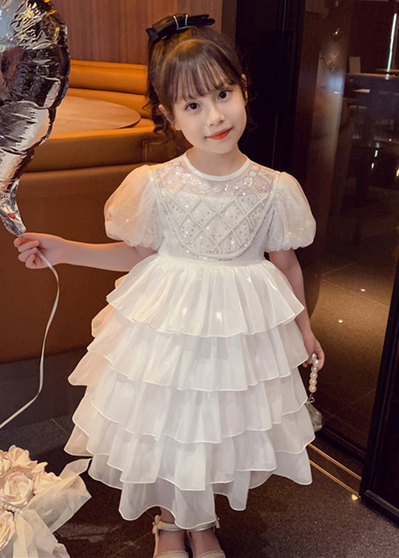 Lovely White Patchwork Sequins Tulle Kids Long Cake Dresses Summer XZ033