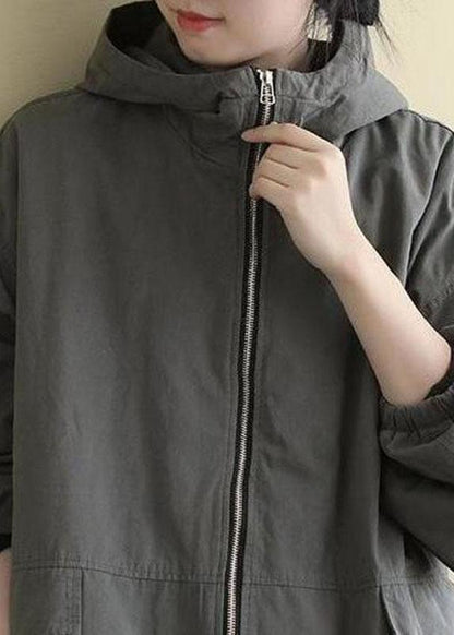 Luxury Grey hooded Loose drawstring Winter Cotton Coats Long sleeve QS045