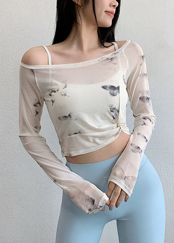 Print Fitting Tops Workout White Luxury Wrinkled Tulle